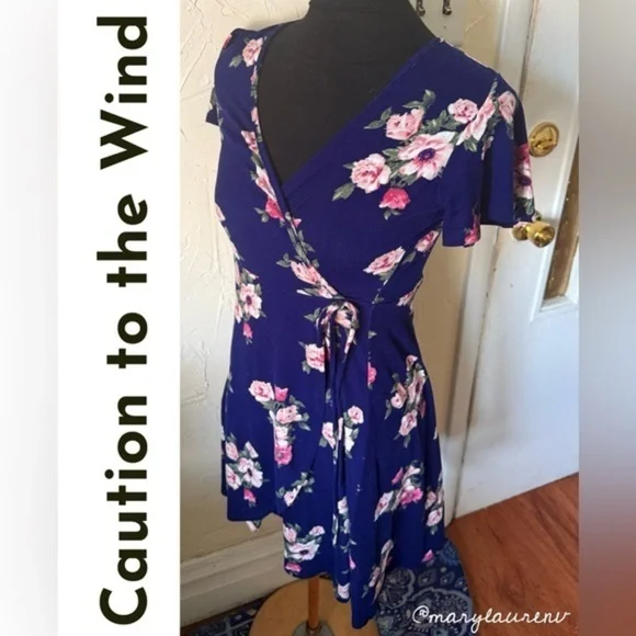 Caution To The Wind Blue V-Neck Flutter Sleeve Mini Wrap Dress -S- - Picture 1 of 6